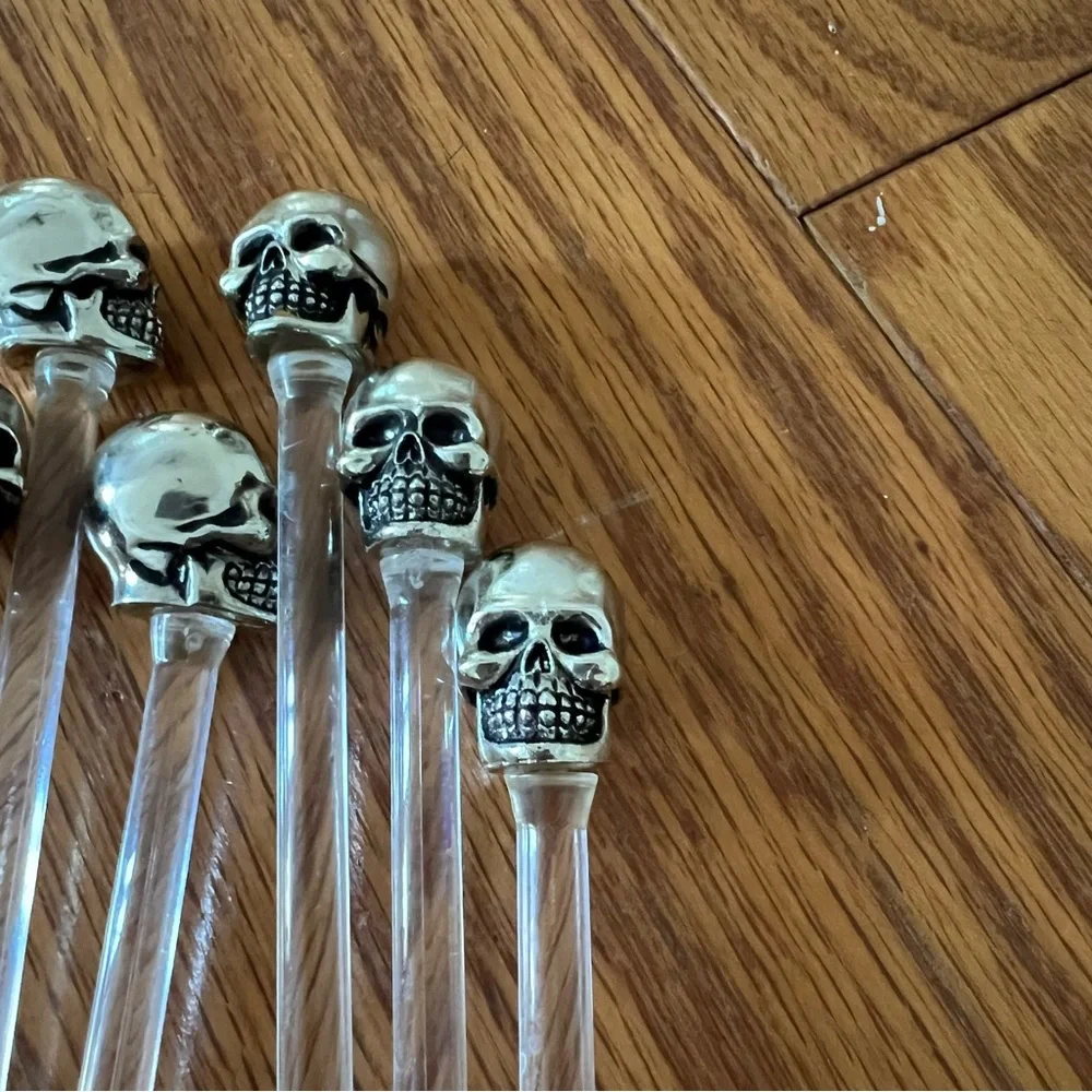 Lot of 6 Skull Cocktail Drink Stir Sticks - Silver Stirrer